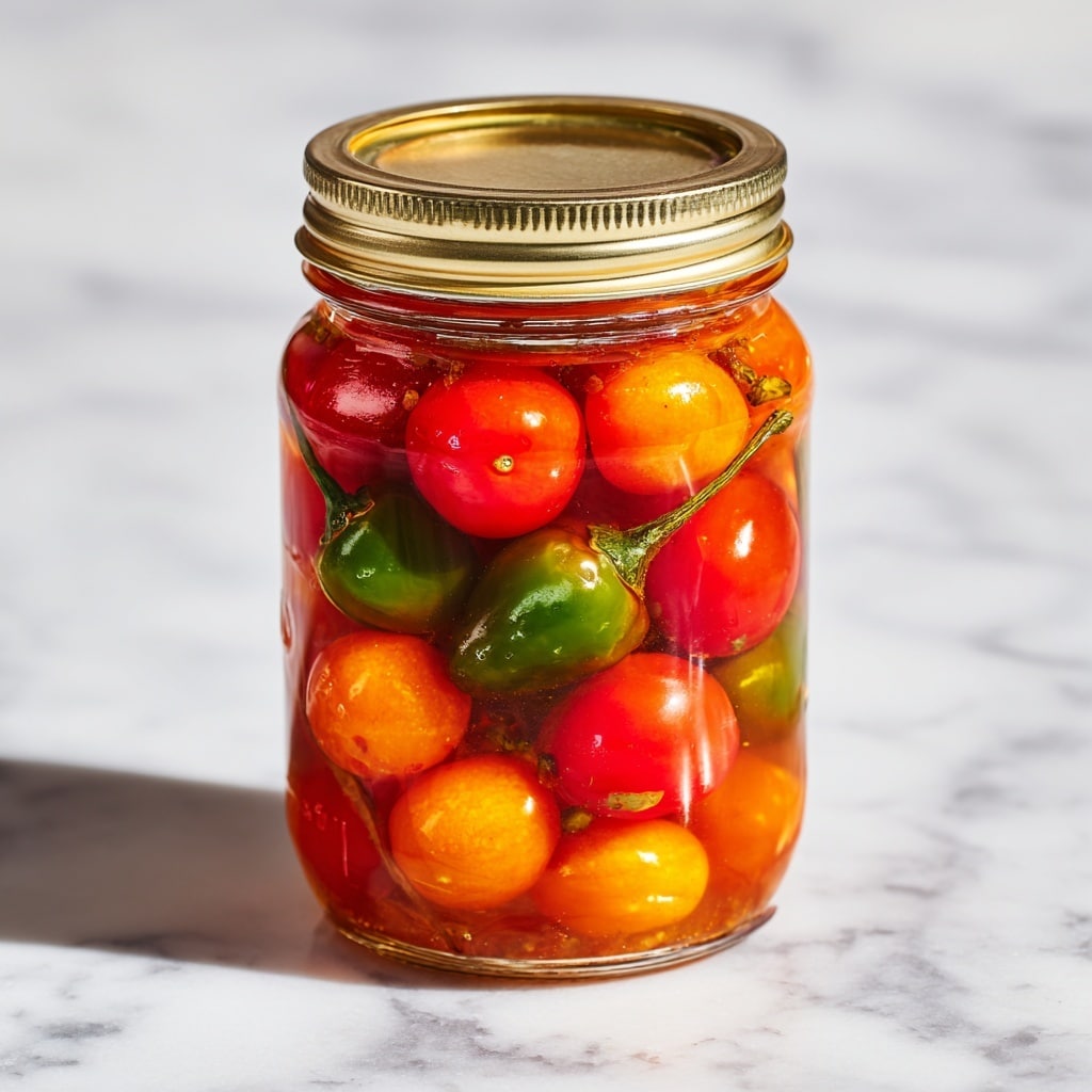A clear glass jar filled with three layers of small round peppers submerged in bright red liquid. The top layer is made of shiny red peppers, the middle layer contains mixed red and green peppers, and the bottom layer consists of mostly green peppers with some red ones. The jar has a gold metal lid and is placed on a white marbled surface with soft natural light coming from the right side. Photo taken with an iphone --ar 4:5 --v 7