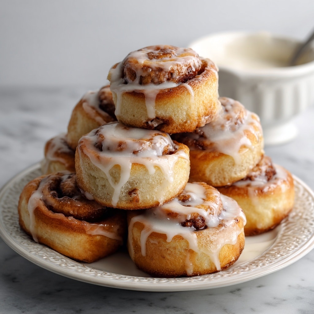 A stack of six cinnamon rolls sits on a white plate with a detailed edge pattern. Each cinnamon roll has a golden-brown dough base with a soft, slightly puffy texture. Swirled within the dough are darker brown layers of cinnamon filling. On top of each roll, a shiny white icing is drizzled unevenly, creating a glossy contrast against the baked surface. The overall look is warm and inviting, with the rolls closely packed in a loose pile. In the background, there is a blurred white bowl with what appears to be more icing. The photo is taken on a white marbled surface. photo taken with an iphone --ar 4:5 --v 7