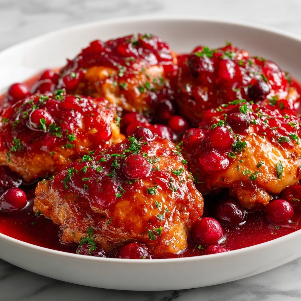 The image shows a close-up of six golden brown chicken pieces covered in a glossy, thick sauce with a deep reddish-orange color. Each piece is topped with bright red whole cranberries and finely chopped green herbs, scattered evenly over the dish. The textures include the smooth, sticky sauce coating the chicken, the soft cranberries, and the tiny crunchy herb bits. The food is served in a white rectangular dish, set against a white marbled background. The overall look is rich and vibrant with warm colors and fresh garnishes. photo taken with an iphone --ar 4:5 --v 7