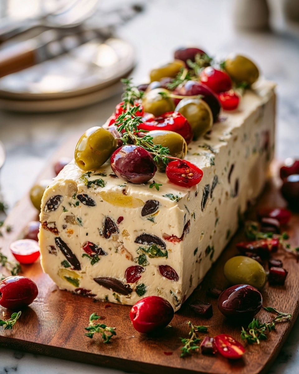 The image shows a block of creamy white cheese studded with green and black olives, red peppers, and small green herbs evenly distributed throughout. The cheese block is rectangular with smooth sides, topped with whole green and black olives, small red cherry tomatoes, and scattered green herbs, all sitting on a wooden board. Around the cheese, there are sprigs of fresh green herbs and a few cherry tomatoes, with a soft-focus setting that includes a white marbled surface in the background. Photo taken with an iphone --ar 4:5 --v 7