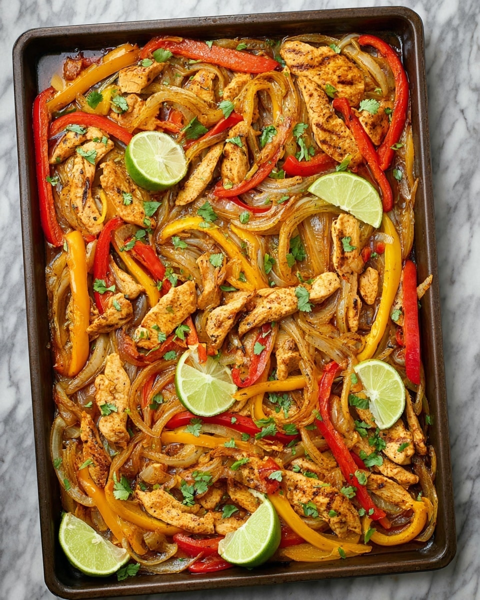 A baking tray filled with cooked fajita chicken strips layered with grilled bell peppers in red, yellow, and orange colors, and caramelized onion slices, all mixed evenly. The chicken pieces are golden brown with a light char, scattered throughout the bright, slightly soft vegetables. Lime wedges are placed on top and around the tray, adding a fresh green accent. Small cilantro leaves are sprinkled over the dish, providing a touch of green contrast. The tray rests on a white marbled surface. photo taken with an iphone --ar 4:5 --v 7