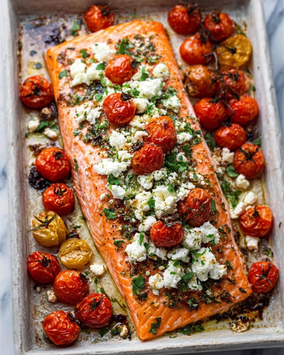 A white baking tray with a large cooked salmon fillet placed in the center, topped with crumbled white cheese and small green herb pieces. On top of the cheese and herbs, there are roasted cherry tomato halves with a bright red color. Around the salmon on the tray, there are more roasted cherry tomatoes, some slightly browned and juicy. The surface underneath the tray shows a white marbled texture. The overall look is fresh and colorful with a mix of orange from the salmon, white cheese, green herbs, and red tomatoes. photo taken with an iphone --ar 4:5 --v 7