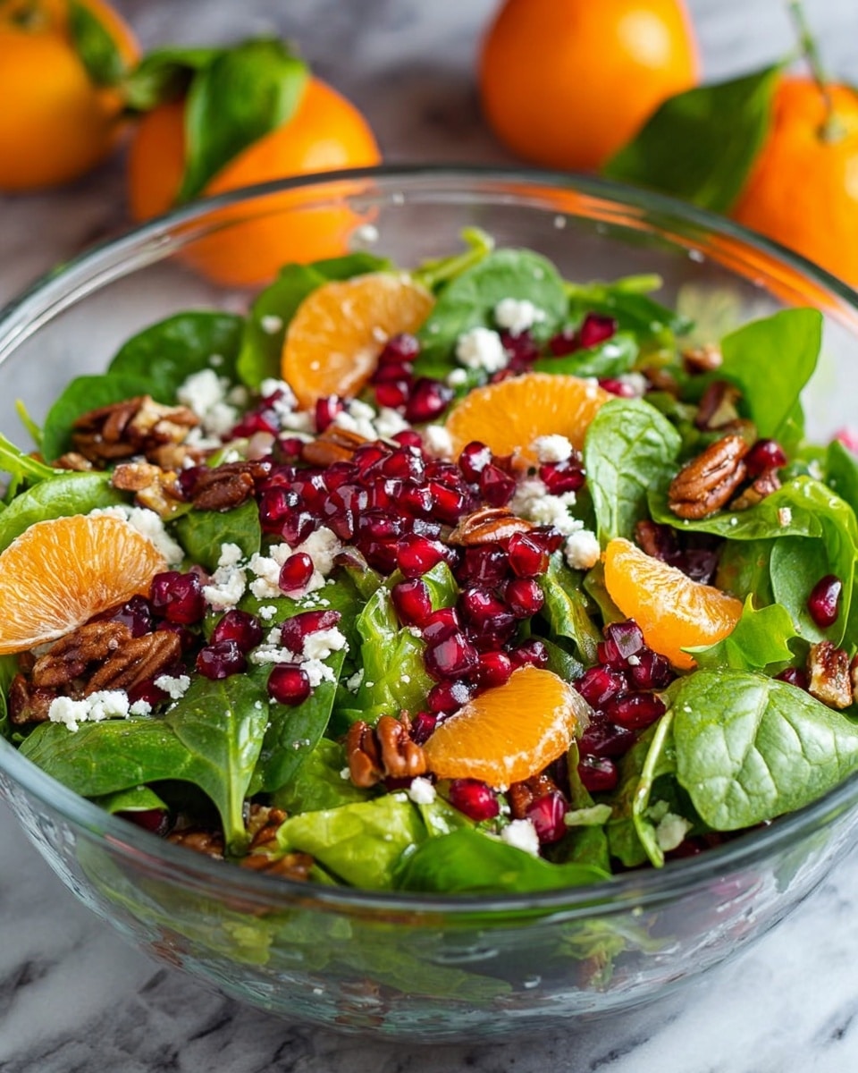 The image shows a glass bowl filled with a fresh salad made of green leafy vegetables as the first layer, with bright orange mandarin slices and small red pomegranate seeds scattered on top as the second layer. The third layer has white cheese crumbles and small brown nut pieces sprinkled throughout. A pair of shiny metal tongs is holding a portion of the salad on the right side of the bowl. The bowl is placed on a white marbled texture surface with some blurred green and orange objects in the background. photo taken with an iphone --ar 4:5 --v 7
