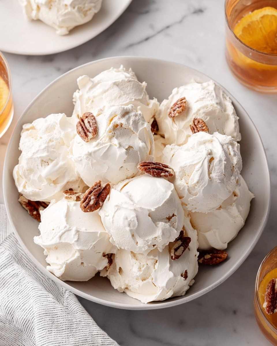 A round white ceramic bowl filled with about a dozen dollops of light, creamy white meringue-like dessert that is fluffy and slightly rough in texture, each mound showing some small nooks and swirls. Scattered among the dollops are a few brown pecan halves adding a crunchy contrast. The bowl sits on a smooth white marbled surface, with another white plate with a similar dessert pile partly visible in the background, and part of two drinks with slices of orange can be seen off to the side. A white gray-striped cloth napkin is partially visible at the bottom left corner. Photo taken with an iphone --ar 4:5 --v 7