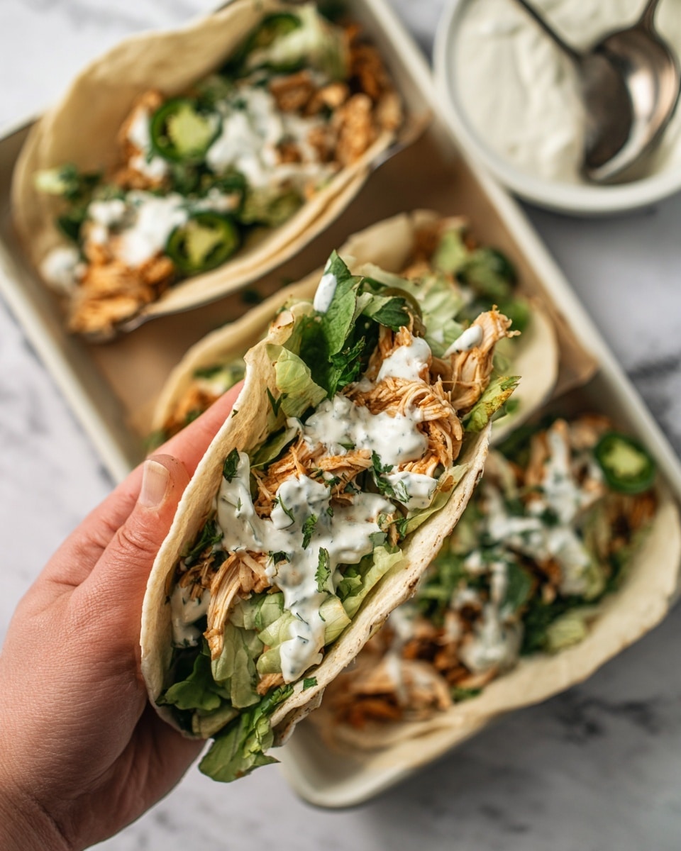 The image shows three soft tortillas on a white plate over a white marbled surface. Each tortilla has multiple layers starting with thinly sliced light green avocado at the bottom, followed by fresh dark green lettuce leaves, then shredded golden-brown cooked chicken on top. A creamy white sauce with small green herb bits is drizzled over the chicken. The tortillas are soft and slightly charred with small brown spots, folded gently around the fillings, and placed close together. Photo taken with an iphone --ar 4:5 --v 7