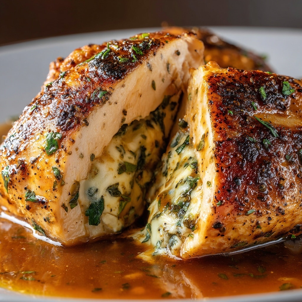 The image shows three thick slices of stuffed chicken breast placed on a round white plate. Each slice has three main layers: the outer layer is golden-brown cooked chicken with a slightly crispy texture, the middle layer is white tender chicken meat, and the center is a spiral of creamy light green filling mixed with dark green spinach leaves and small pieces of nuts. The plate is on a white marbled surface, and a small green herb is visible at the corner. Photo taken with an iphone --ar 4:5 --v 7