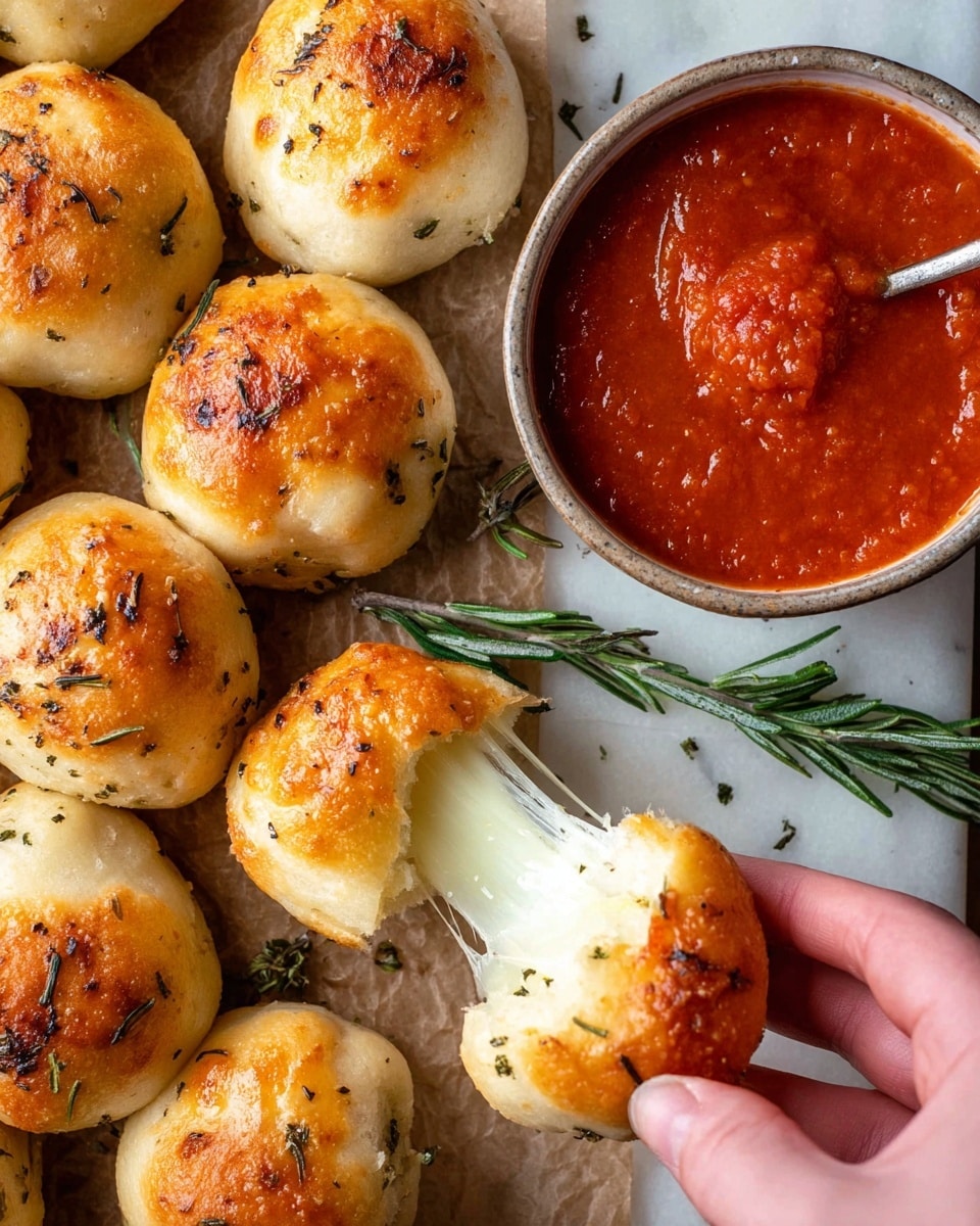 A triangular pile of golden-brown baked bread rolls arranged closely together on a piece of crumpled brown paper sits at the center, each roll shiny with a light glaze and sprinkled with coarse black pepper and herbs, giving a speckled texture on top. Around the bread, fresh rosemary sprigs are scattered, adding green accents. To the lower right, a small white metal cup holds bright red marinara sauce with a smooth, slightly chunky texture. In the upper right, there are amber-colored drinks in three clear glasses. The whole setup is placed on a white marbled texture surface with a rustic, cozy atmosphere. Photo taken with an iphone --ar 4:5 --v 7