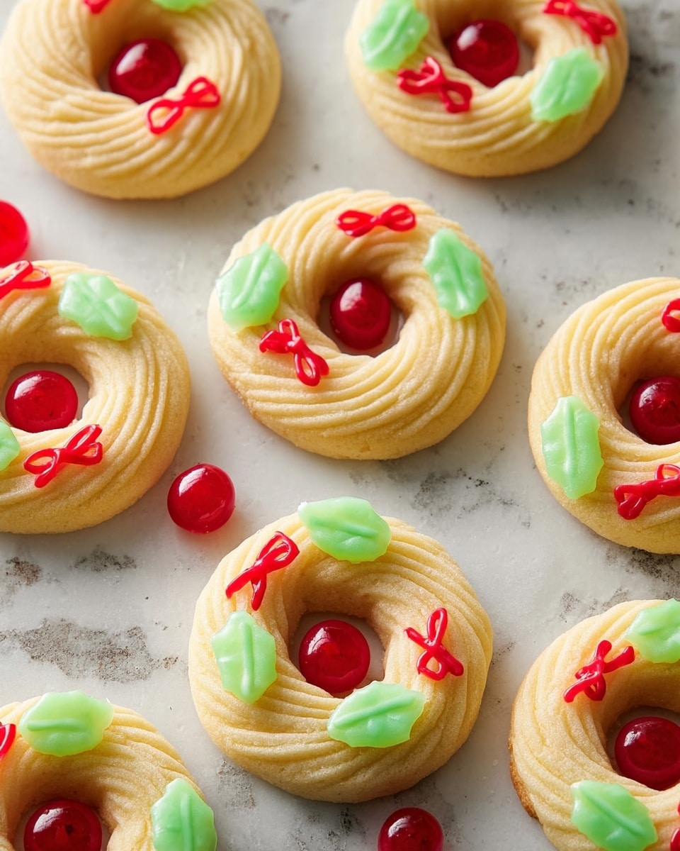 The image shows several round cookies shaped like wreaths, each with one layer of light golden-brown dough piped in a circular ridged pattern with a hollow center. On top of each cookie are small bright red candy balls and green translucent candy pieces arranged to look like holly leaves and berries, with some cookies also decorated with thin red icing bows. The cookies are placed directly on a white marbled surface, arranged loosely without overlapping. The overall look is festive and neat, with soft shadows adding depth to the cookies. photo taken with an iphone --ar 4:5 --v 7