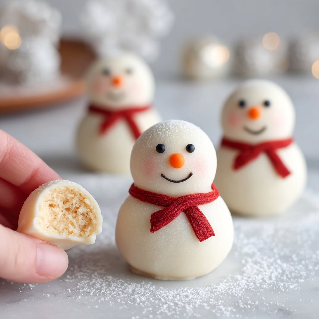 The image shows small snowman truffles placed on a white marbled surface dusted with powdered sugar. Each truffle consists of two round layers: a smaller, smooth white ball for the head on top of a slightly larger white ball for the body. The snowmen have small black eyes and smiling mouths, and an orange carrot-shaped nose. Around the neck of each snowman is a red sugary strip acting as a scarf. In the lower part of the image, a woman's hand is holding one snowman truffle with a bite taken out, revealing a soft, beige filling inside. The texture of the truffle coating is smooth and glossy, while the filling is crumbly. In the background, there are faint white decorations hinting at a winter theme. photo taken with an iphone --ar 4:5 --v 7