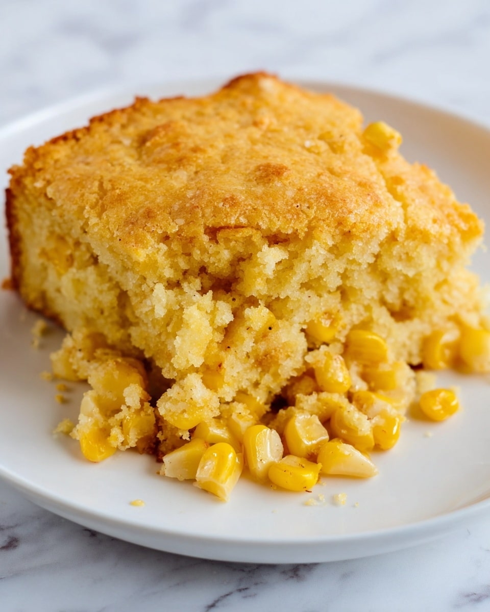 A single piece of golden cornbread with a slightly crunchy, crumbly top layer rests on a white plate. The cornbread has a thick bottom layer that looks soft and moist, mixed with visible yellow corn kernels scattered throughout. Some corn pieces spill over onto the plate, adding texture and color contrast to the overall light yellow tone. The background shows a white marbled texture. photo taken with an iphone --ar 4:5 --v 7
