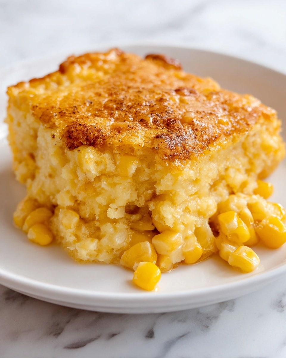 A close-up of a single large serving of corn pudding on a white plate, showing two visible layers: the top layer is a golden brown crust with a slightly rough texture, while the bottom layer is soft and creamy with pale yellow and bright yellow corn kernels mixed throughout, some kernels spilling slightly onto the plate. The surface beneath the plate is a white marbled texture. photo taken with an iphone --ar 4:5 --v 7