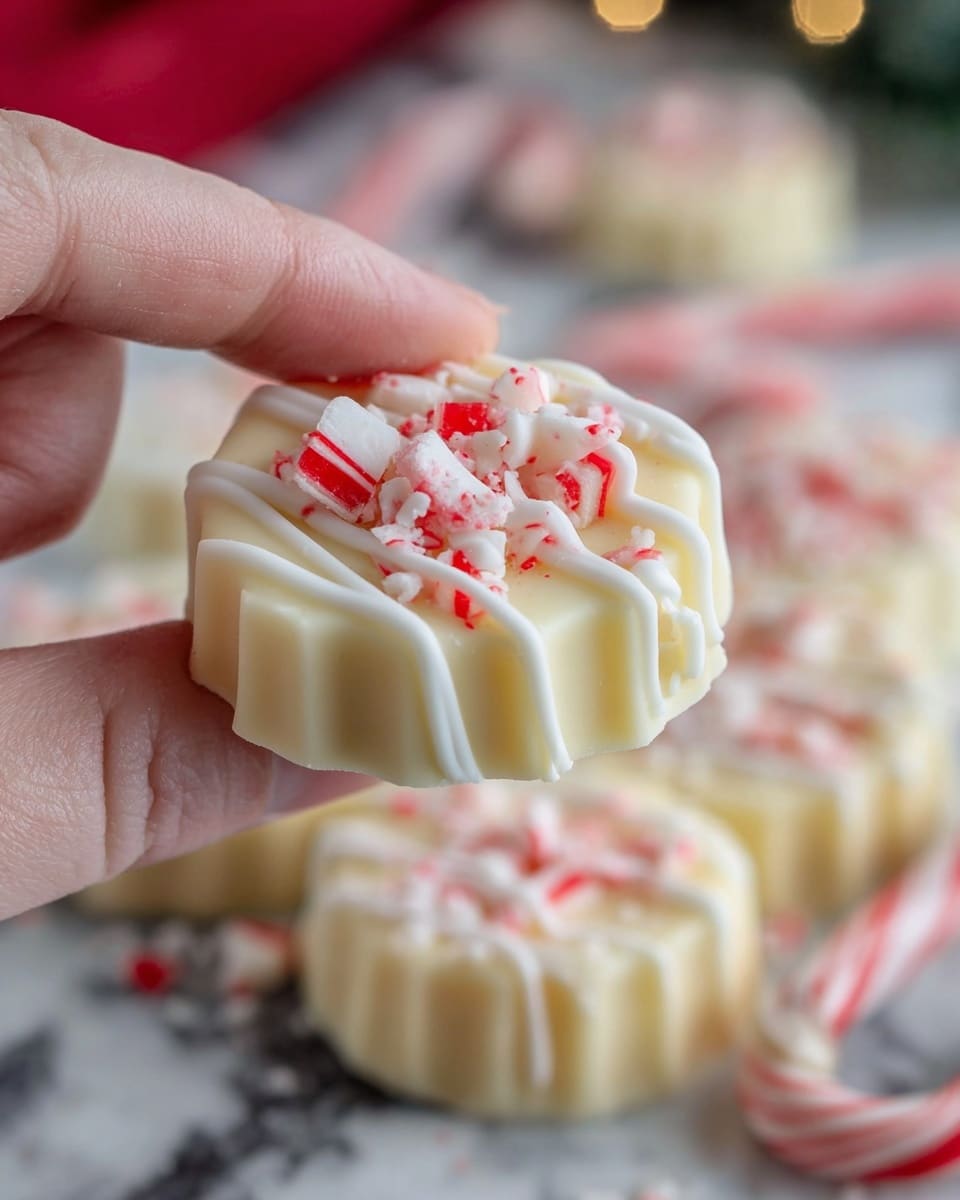 A close-up shows a woman's hand holding a small white chocolate treat with a smooth base layer that is pale cream-colored and ridged along the sides. On top is a second layer made of small crushed pieces of red and white peppermint candy, adding a crunchy texture and bright color contrast. Drizzled over the candies is a thin layer of white icing in irregular lines, giving a glossy finish. In the blurry background, more similar treats are arranged on a white marbled surface with another candy cane piece visible nearby. photo taken with an iphone --ar 4:5 --v 7