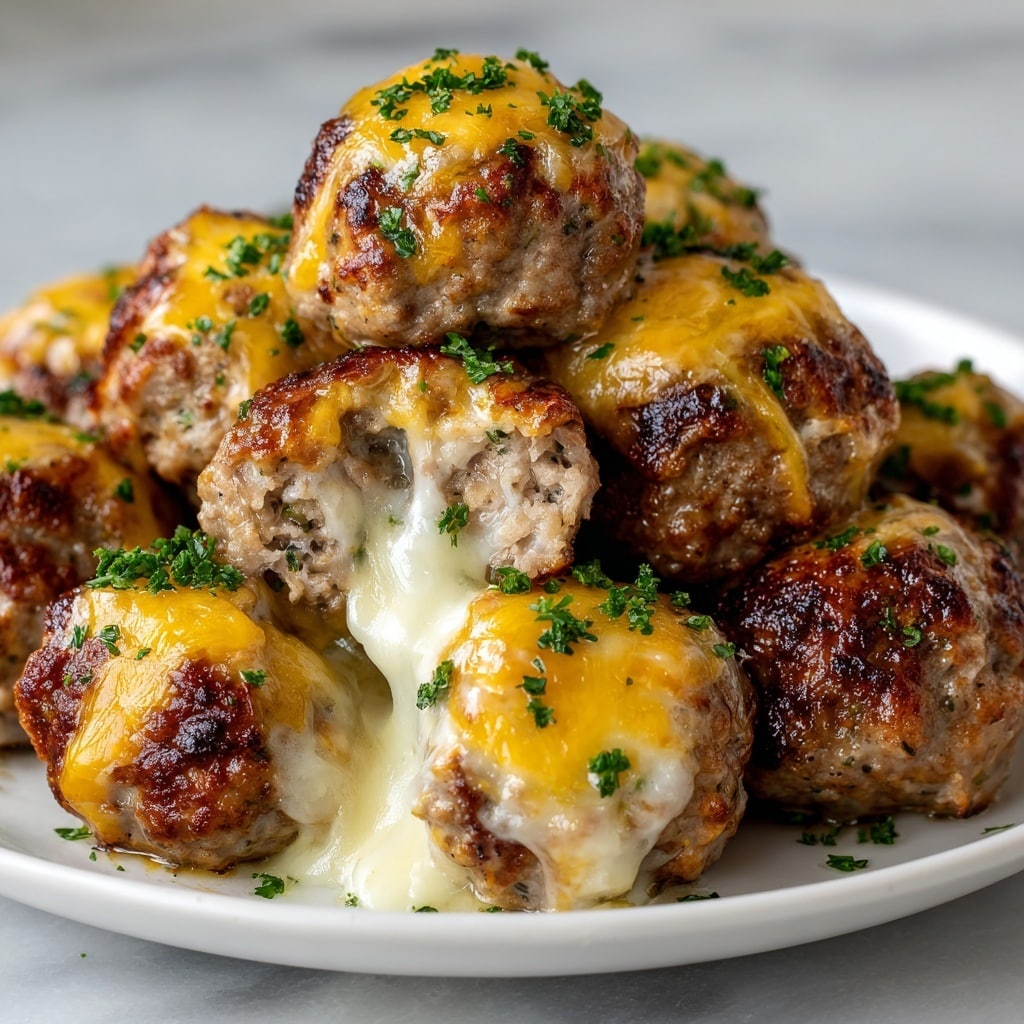 A close-up of a round meatball with a textured brown outer crust and a melted yellow and white cheese filling oozing from the middle, held by a woman's hand on the left side of the image. The meatball is topped with more melted cheese and finely chopped green herbs, sitting on a white plate. In the background, more similar meatballs are visible, also covered in melted cheese and green herbs, all placed on a white marbled texture surface. photo taken with an iphone --ar 4:5 --v 7
