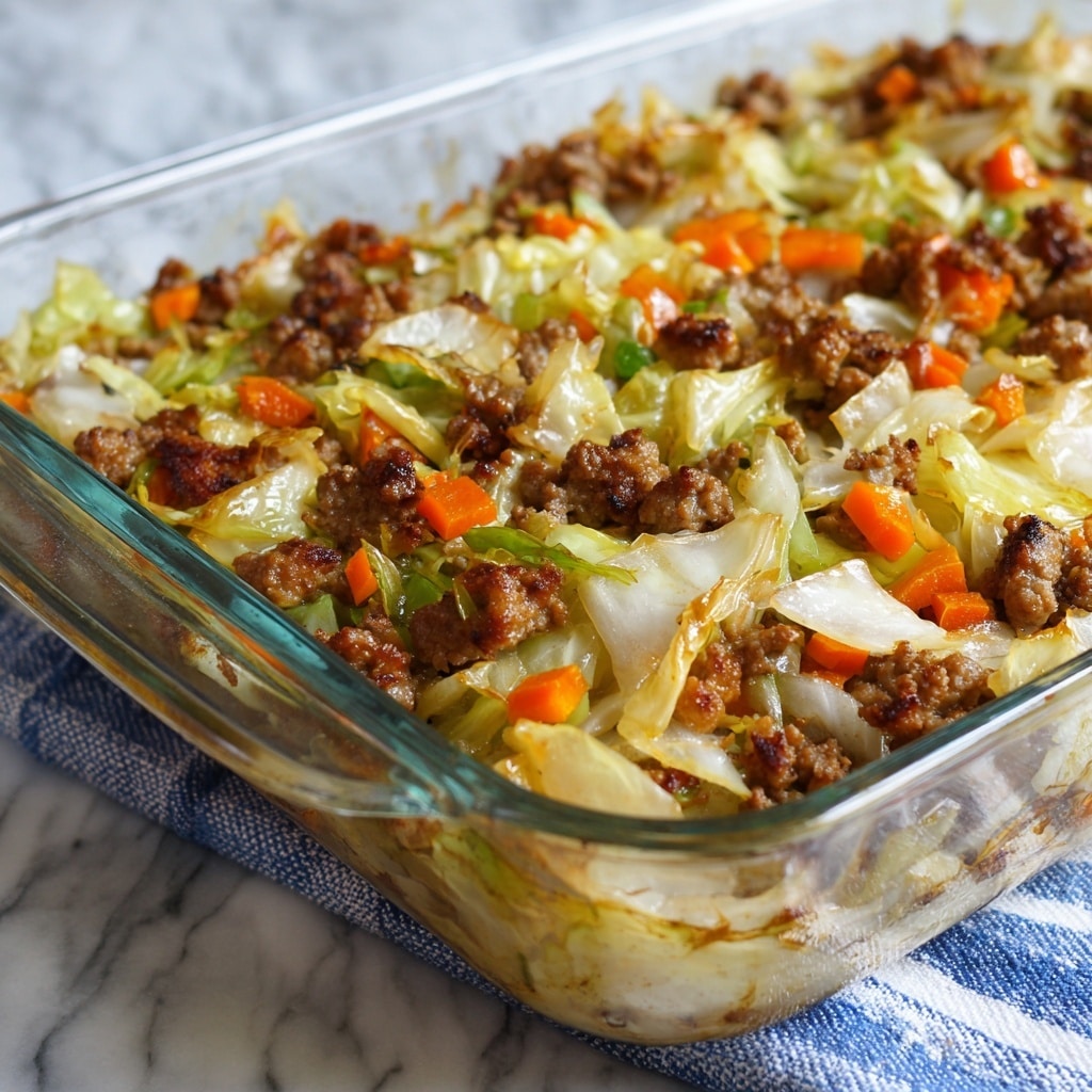 A close-up view of a clear glass baking dish filled with a layered cabbage and ground beef casserole. The bottom layer has lightly cooked white cabbage pieces that look soft with some browned edges. Above this is a layer of browned ground beef, crumbly and rich in texture. Scattered on top are chunks of orange carrot and bits of translucent cooked cabbage, all slightly glossy with cooking juices. The dish sits on a white marbled surface with a blue and white striped cloth beside it. photo taken with an iphone --ar 4:5 --v 7