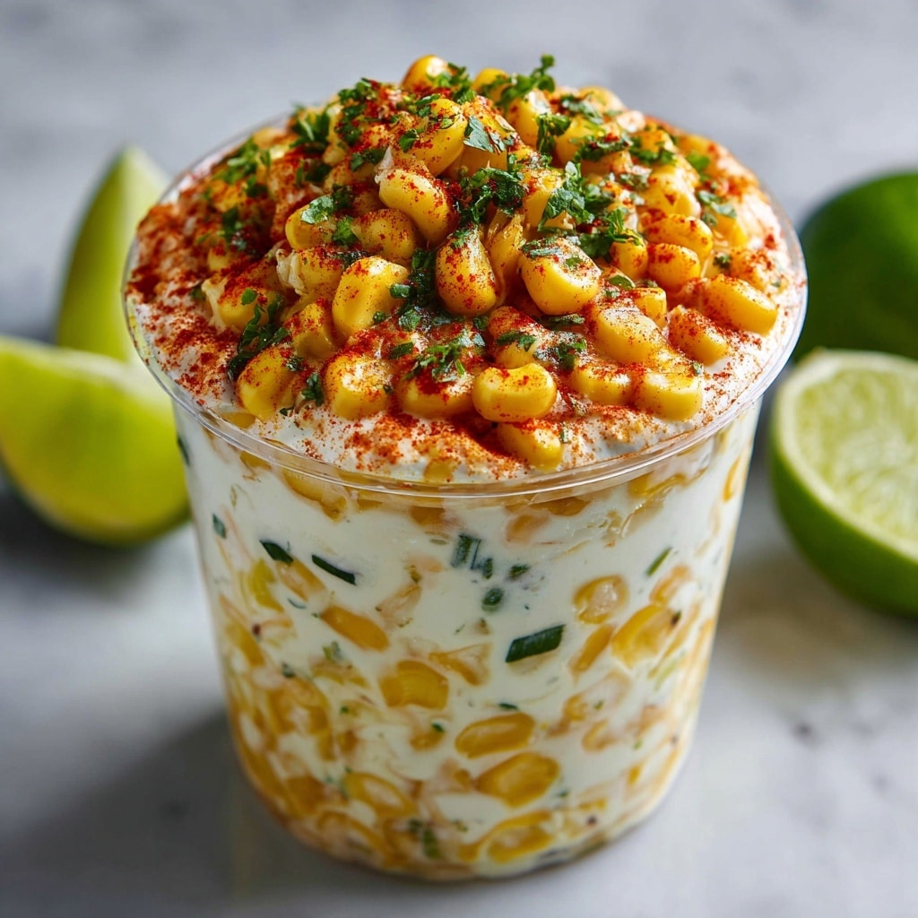 A clear cup filled with layered corn salad, showing three visible layers: the bottom layer is a creamy mix with orange sauce and corn kernels, the middle layer repeats this mix with more visible chopped green herbs, and the top layer is a heap of yellow corn kernels mixed with white creamy dressing, sprinkled with red chili powder and fresh green cilantro leaves. On the side, two lime wedges rest on a white marbled surface. photo taken with an iphone --ar 4:5 --v 7