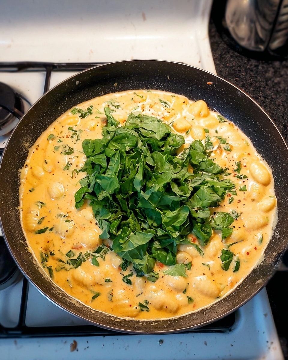 A close-up of a white bowl filled with creamy gnocchi covered in a thick, cheesy sauce that has a rich yellow-orange color with hints of red oil spots. Mixed in are visible green spinach leaves and small bits of sun-dried tomatoes, giving dark red and green patches throughout. The gnocchi pieces are soft and plump, coated heavily in the sauce. A silver spoon lifts a generous scoop of the gnocchi and sauce from the bowl, holding a mix of fluffy but firm yellow gnocchi pieces, wilted spinach, and the creamy, slightly oily sauce dripping back into the bowl. The background is a white marbled texture. Photo taken with an iphone --ar 4:5 --v 7