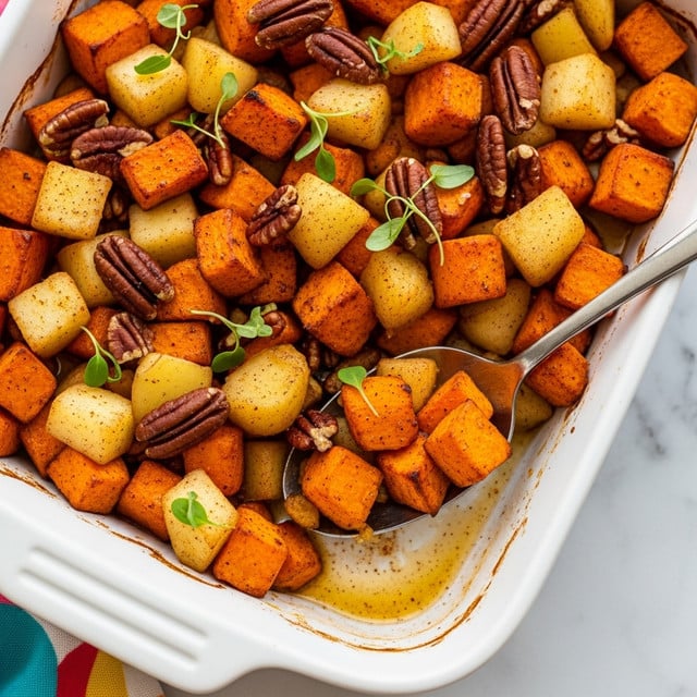 A white baking dish filled with chunky roasted orange sweet potato pieces and pale yellow apple chunks, tossed with small brown pecan halves and garnished with tiny green herb leaves. The vegetables and nuts are coated in a shiny, slightly sticky brown sauce with visible cinnamon specks, giving a warm and spiced look. A spoon rests inside the dish, scooping a mix of the colorful layers, showing the soft texture of the roasted ingredients. The dish is set on a white marbled surface with a hint of a colorful cloth corner visible. Photo taken with an iphone --ar 4:5 --v 7