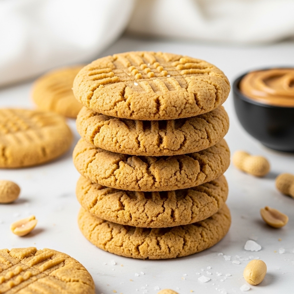 A stack of six golden brown, round peanut butter cookies is shown with a rough, crumbly texture on each cookie. The top cookie has fork marks pressed into the dough creating a crisscross pattern. The cookies are placed on a white marbled surface with scattered peanuts and coarse salt flakes around the stack. In the background, there is a blurred white cloth and a small black bowl with a creamy brown spread inside. The photo taken with an iphone --ar 4:5 --v 7