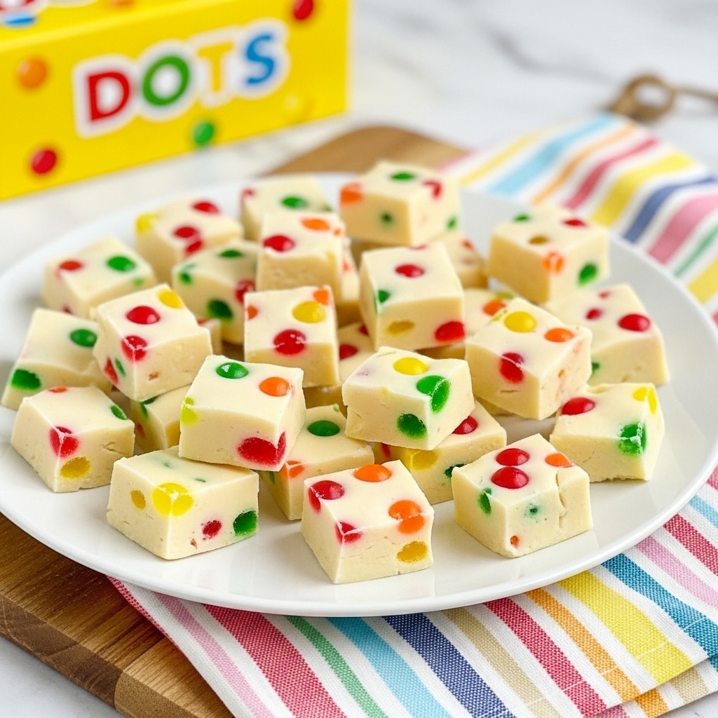 A white plate filled with many small square pieces of white fudge, each piece embedded with colorful jelly candy spots in red, green, orange, yellow, and pink scattered unevenly throughout. The plate rests on a wooden board, and there is a colorful striped cloth in pastel tones nearby. In the background, there is a blurred yellow box of DOTS candy. The setting is against a white marbled surface. photo taken with an iphone --ar 4:5 --v 7