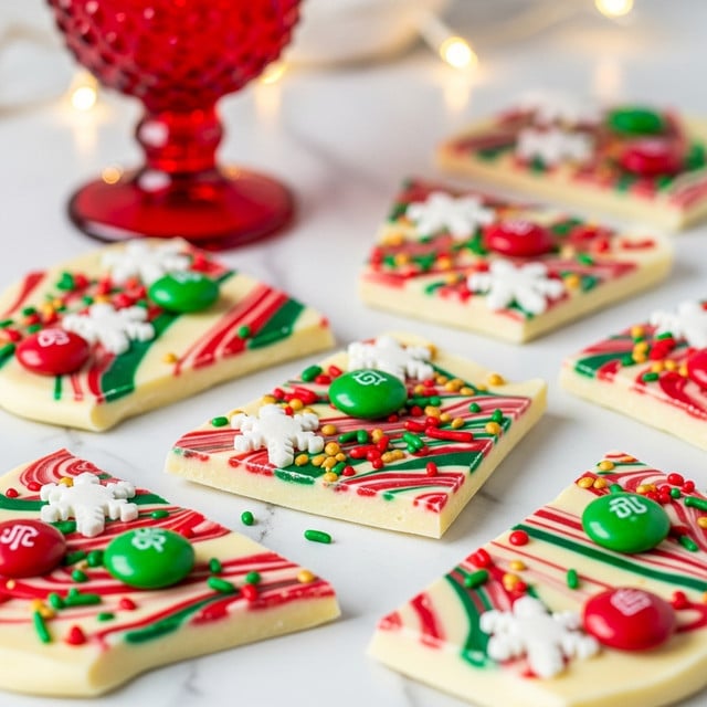 The image shows a close-up of peppermint bark broken into uneven pieces laid on a white marbled surface. Each piece has a smooth white chocolate base swirled with red and dark green lines of peppermint candy, creating a marbled effect. The bark is decorated with small round red and green candy pieces placed on top, accompanied by white snowflake-shaped candies, adding texture and festive detail. Sprinkles in red, green, and golden brown are scattered over the bark, enhancing the colorful and festive look. In the background, a red textured goblet and soft glowing lights add a warm holiday atmosphere. photo taken with an iphone --ar 4:5 --v 7