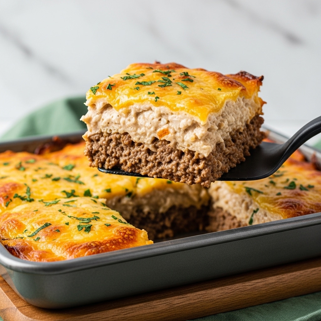 A close-up of a metal pan filled with several square pieces of baked casserole, each piece showing a golden-brown, bubbly cheese layer on top with scattered small green parsley leaves. The cheese is melted and browned unevenly with some darker spots, creating a textured surface. Under the cheese layer, a light tan, slightly chunky filling is visible, suggesting a mix of ingredients like meat or vegetables in a creamy sauce. A metal spatula rests on the edge of the pan, partially lifting one piece. The pan is placed on a wooden board, against a white marbled surface. photo taken with an iphone --ar 4:5 --v 7