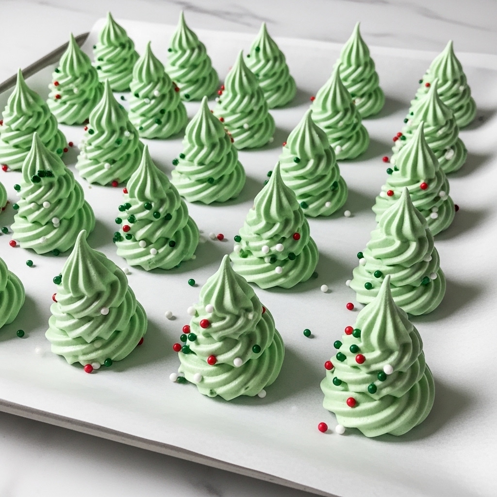 The image shows many small, green meringue cookies shaped like Christmas trees, placed in neat rows on a white marbled surface. Each meringue has three layered swirls with a smooth, slightly glossy texture, tapering to a pointed tip. They are decorated with tiny red, white, and green round confetti sprinkles scattered all over the meringue surfaces and some on the marbled background. The colors are bright and festive, giving the meringues a playful, holiday look. photo taken with an iphone --ar 4:5 --v 7