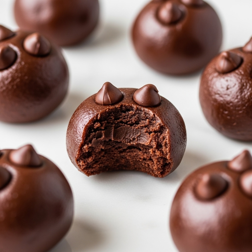 The image shows five round, glossy chocolate cookie dough balls on a white marbled surface, with one ball bitten in the middle revealing a dense, dark chocolate interior. Each dough ball has three shiny chocolate chips placed on top, with a rich smooth texture that looks soft and thick. The colors are deep brown and chocolatey, with the dough balls arranged irregularly yet close to each other. The focus is sharp on the bitten dough ball in the center, showing fine details of the chocolate chips and soft dough inside, while the surrounding balls appear slightly blurred in the background. photo taken with an iphone --ar 4:5 --v 7