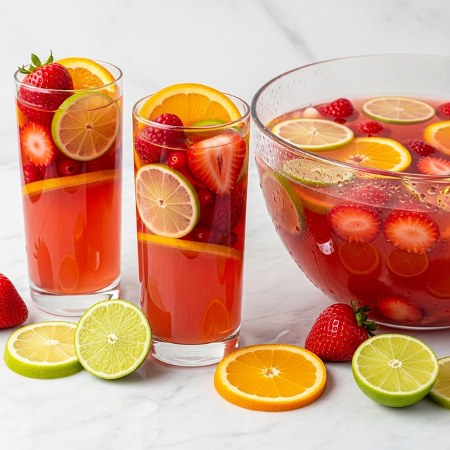 The image shows two clear tall glasses and one large clear bowl filled with a pinkish-red drink. Each glass has floating slices of orange, lime, and strawberry along with red berries, showing about three layers of fruit at the top and middle immersed in the liquid. The bowl on the right is nearly full with the same drink, with visible slices of lemon, orange, and strawberries floating near the surface. Around the glasses and bowl, there are scattered slices of lime, orange, and strawberry on a white marbled surface. The lighting gives the drink a fresh, cool look, with droplets on the bowl adding a sense of coldness. photo taken with an iphone --ar 4:5 --v 7