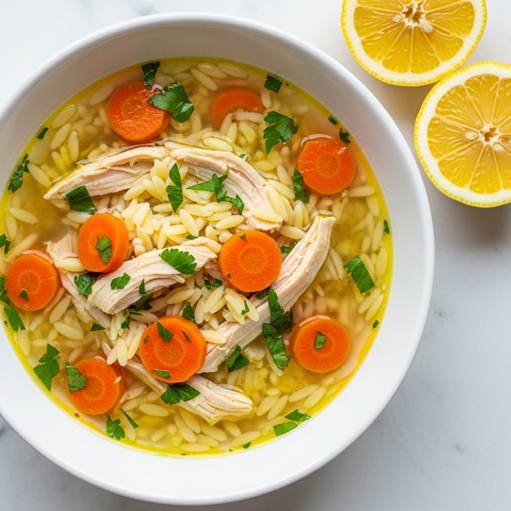 A close-up of a white bowl filled with a warm chicken soup consisting of clear broth, shredded white chicken meat, orange carrot slices, and small pieces of pasta, all topped with bright green chopped herbs. The soup fills the bowl almost to the rim, showing a mix of textures with soft shredded chicken, tender carrots, and small pasta bits floating in light broth. The bowl sits on a white marbled surface, accompanied by two lemon halves showing the juicy yellow inside nearby, and some small round crackers scattered around with a white and blue cloth partially visible to one side. Photo taken with an iphone --ar 4:5 --v 7