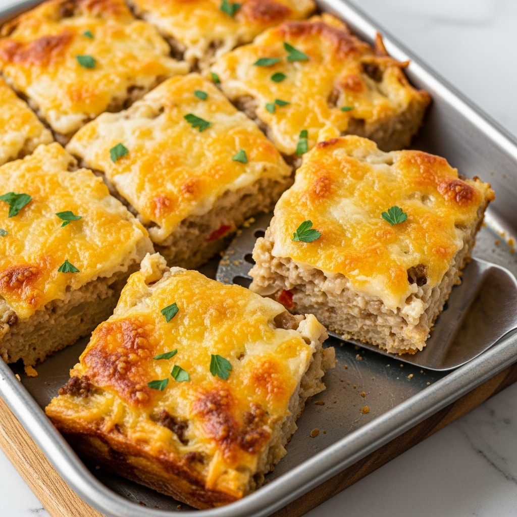 A square piece of baked dish is lifted by a black spatula showing three visible layers: the bottom layer is a chunky, brown meat mix, the middle layer is a creamy, light beige sauce, and the top layer is golden brown melted cheese with darker toasted spots and small green herb pieces scattered on top. The dish sits in a metal baking tray on a wooden board, with more pieces visible in the tray, all topped with melted cheese and herbs. The background has a white marbled texture with a soft focus on a green cloth. Photo taken with an iphone --ar 4:5 --v 7