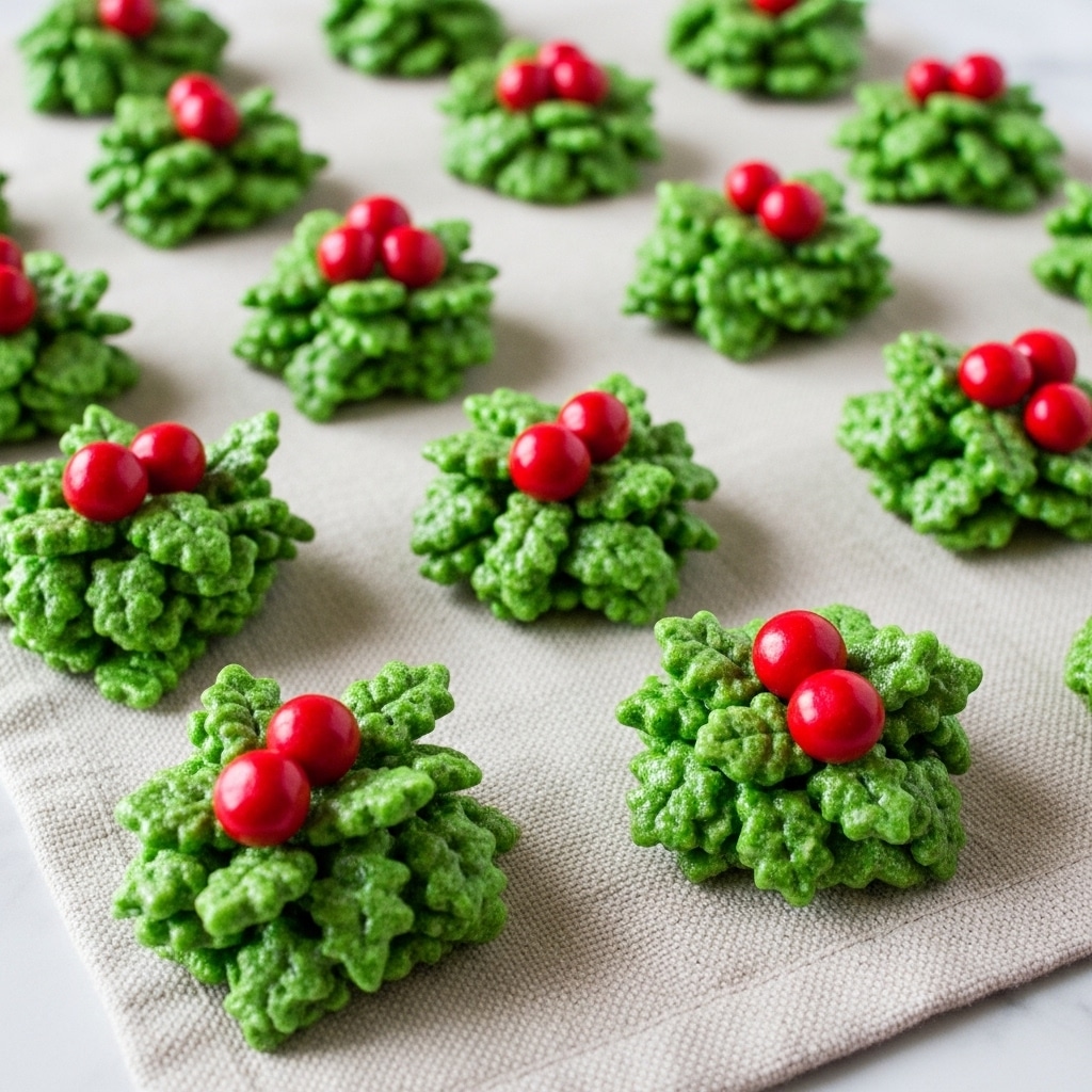 Small piles of bright green clusters made from shiny, leafy cereal pieces are arranged on a light beige cloth over a white marbled surface. Each cluster has three smooth, round, shiny red candy-like pieces on top, resembling holly berries. The clusters show a rough, leafy texture due to the cereal's shape and are closely packed, with regular spacing between them. photo taken with an iphone --ar 4:5 --v 7