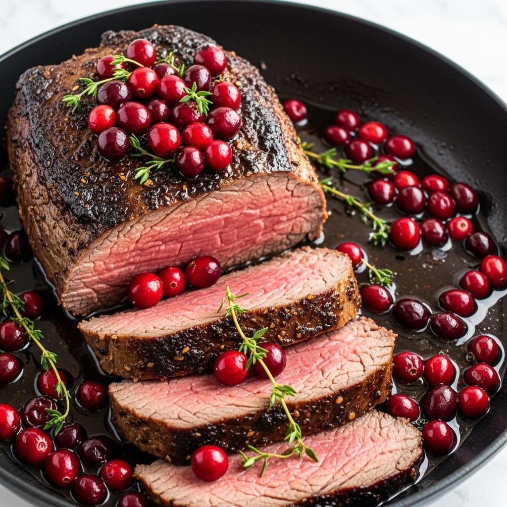 The image shows a round white plate with several slices of medium-rare roast beef arranged in a layered, overlapping pattern, showing a pink center with browned edges. On top of the meat is a dark, glossy sauce with a thick texture, mixed with whole bright red cranberries and small chunks. Fresh green thyme sprigs are laid across the dish as garnish. A vintage silver fork rests on the upper side of the plate. The plate is placed on a wrinkled grey cloth, all set on a white marbled surface. Photo taken with an iphone --ar 4:5 --v 7