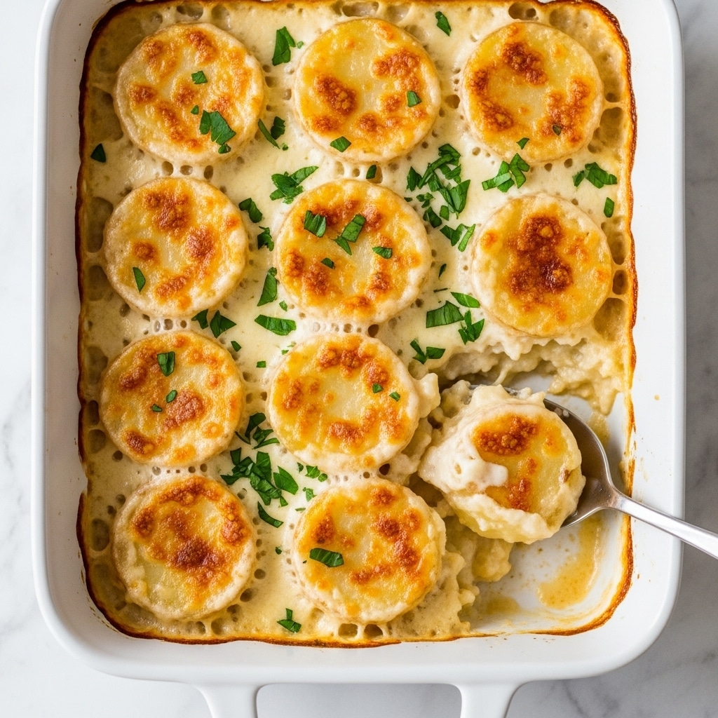 A white rectangular baking dish filled with several layers of round potato slices covered in creamy white sauce. The top layer of potatoes is browned and slightly crispy with golden spots, while the sauce is thick and smooth, bubbling around the edges. Small pieces of chopped green herbs are scattered across the top for a fresh touch. A spoon is partially submerged in the dish, lifting a portion to reveal more creamy layers underneath. The dish sits on a white marbled surface. photo taken with an iphone --ar 4:5 --v 7