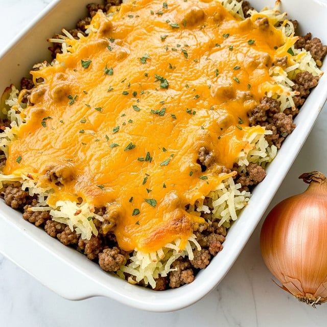 The dish shows a white baking dish filled with a layered casserole. The bottom layer is made of shredded light golden hashbrowns mixed with small bits of brown cooked ground meat. On top, there is an evenly spread thick layer of melted cheddar cheese, which is a bright orange color with some crisp browned edges. Scattered green herb bits are seen on the cheese, adding a touch of color. The dish is set on a white marbled surface with a partially visible whole onion to the side. photo taken with an iphone --ar 4:5 --v 7