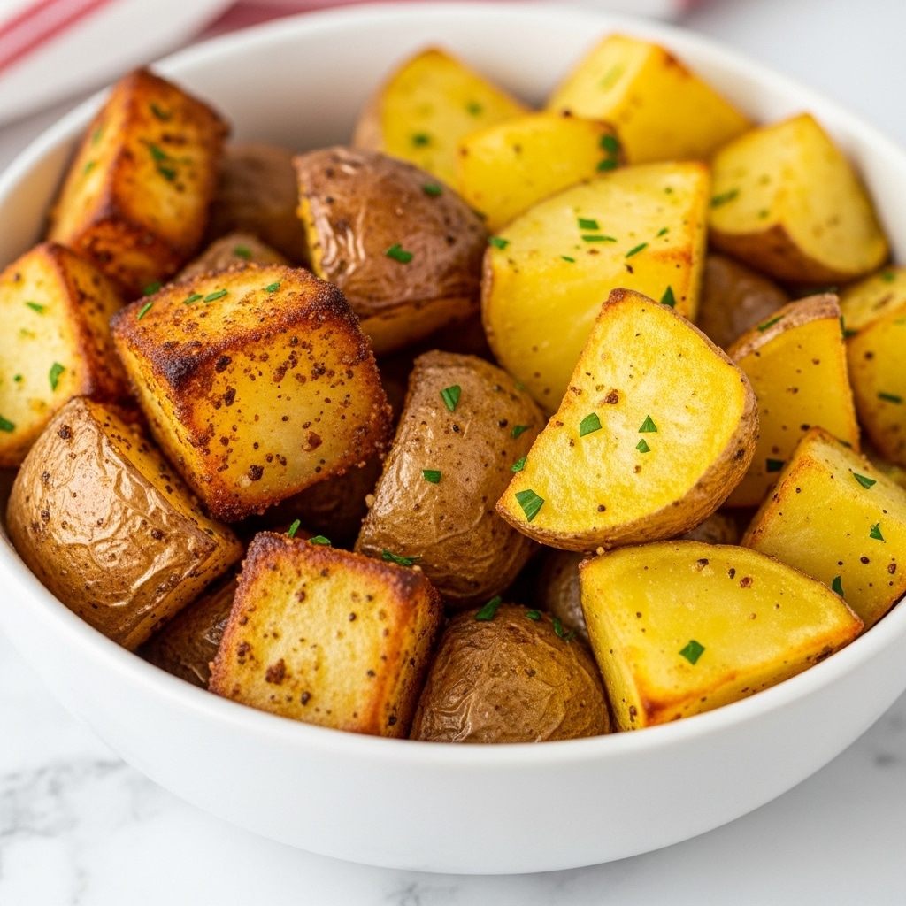 A white bowl filled with several chunks of roasted potatoes, showing two main colors and textures: deep golden brown with crispy, slightly rough surfaces, and bright yellow with a smooth, slightly oily look. The potato pieces are cut into uneven cubes and wedges, some showing the browned, crisp edges while others look softer. Scattered tiny green herb bits add a touch of green across the potatoes. The bowl sits on a white marbled surface with a blurred red and white cloth in the background. photo taken with an iphone --ar 4:5 --v 7