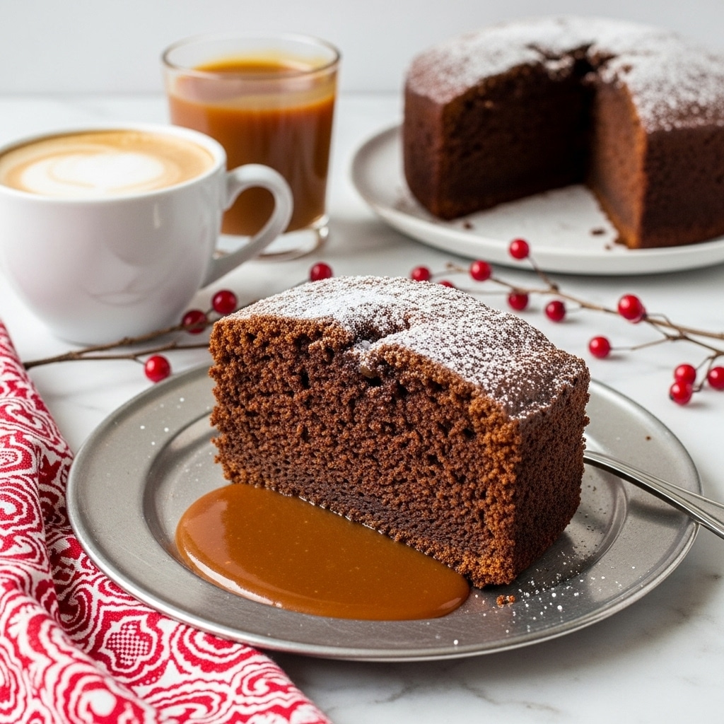 The image shows a thick slice of dark brown cake with a slightly rough texture, dusted with powdered sugar on top, sitting on a round silver plate. A pool of glossy brown caramel sauce spreads out from under the cake slice. Behind it, on a white plate, is another piece of the same cake. To the left, a white cup of coffee with foam on top is placed near a glass filled with caramel sauce. A red and white patterned cloth is partly visible in the bottom left corner, and some reddish berries on thin branches lie on the white marbled surface near the plates. photo taken with an iphone --ar 4:5 --v 7