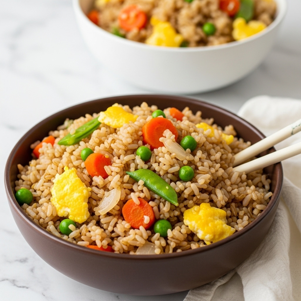 A close-up view of a brown bowl filled with fried rice containing small pieces of orange carrots, green peas, light yellow scrambled egg, and bits of white onion all mixed with brown rice grains, with a pair of white chopsticks resting on the right side of the bowl. In the background, there is a white bowl with more fried rice, both set on a white marbled surface with a white cloth partially visible under the brown bowl. photo taken with an iphone --ar 4:5 --v 7