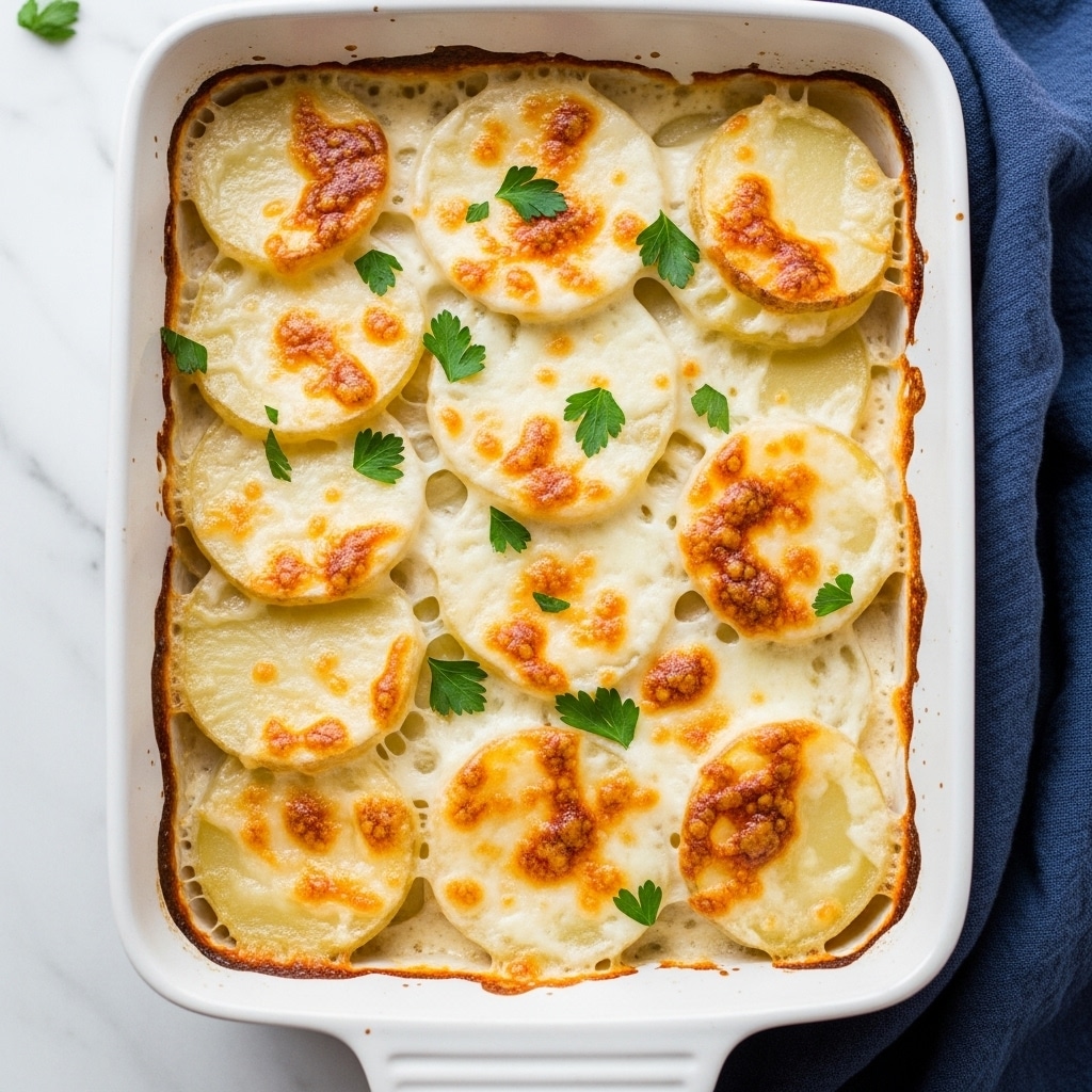 A white rectangular baking dish filled with a creamy potato gratin that has several layers of thin, slightly golden potato slices, each coated with a smooth, white cheesy sauce. The top layer is bubbly and browned in spots, giving a crispy texture with scattered fresh green parsley leaves adding a pop of color. The edges have slight browning where the sauce has thickened and crisped. The dish sits on a white marbled surface with part of a navy blue cloth visible beside it. Photo taken with an iphone --ar 4:5 --v 7