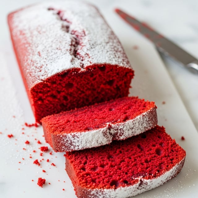 A freshly baked red velvet cake loaf sits inside a shiny black rectangular pan. The top layer is cracked with a deep red color and spongy texture visible. In the background, there is a glass cup with white creamy frosting, slightly blurred. The surface underneath is a white marbled texture with a soft focus of greenery in the distance. Photo taken with an iphone --ar 4:5 --v 7