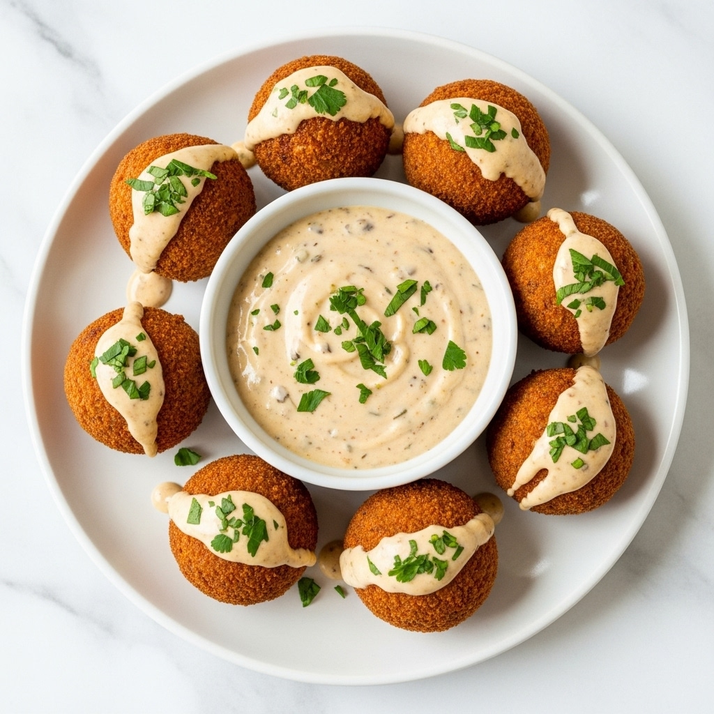 A white plate with seven round, golden-brown fried balls arranged in a circle, each topped with a light drizzle of creamy sauce and some green herb pieces. In the center, there is a small white bowl filled with a smooth, light beige dipping sauce that has small dark flecks and is also sprinkled with green herbs. The surface beneath the plate is a white marbled texture. photo taken with an iphone --ar 4:5 --v 7