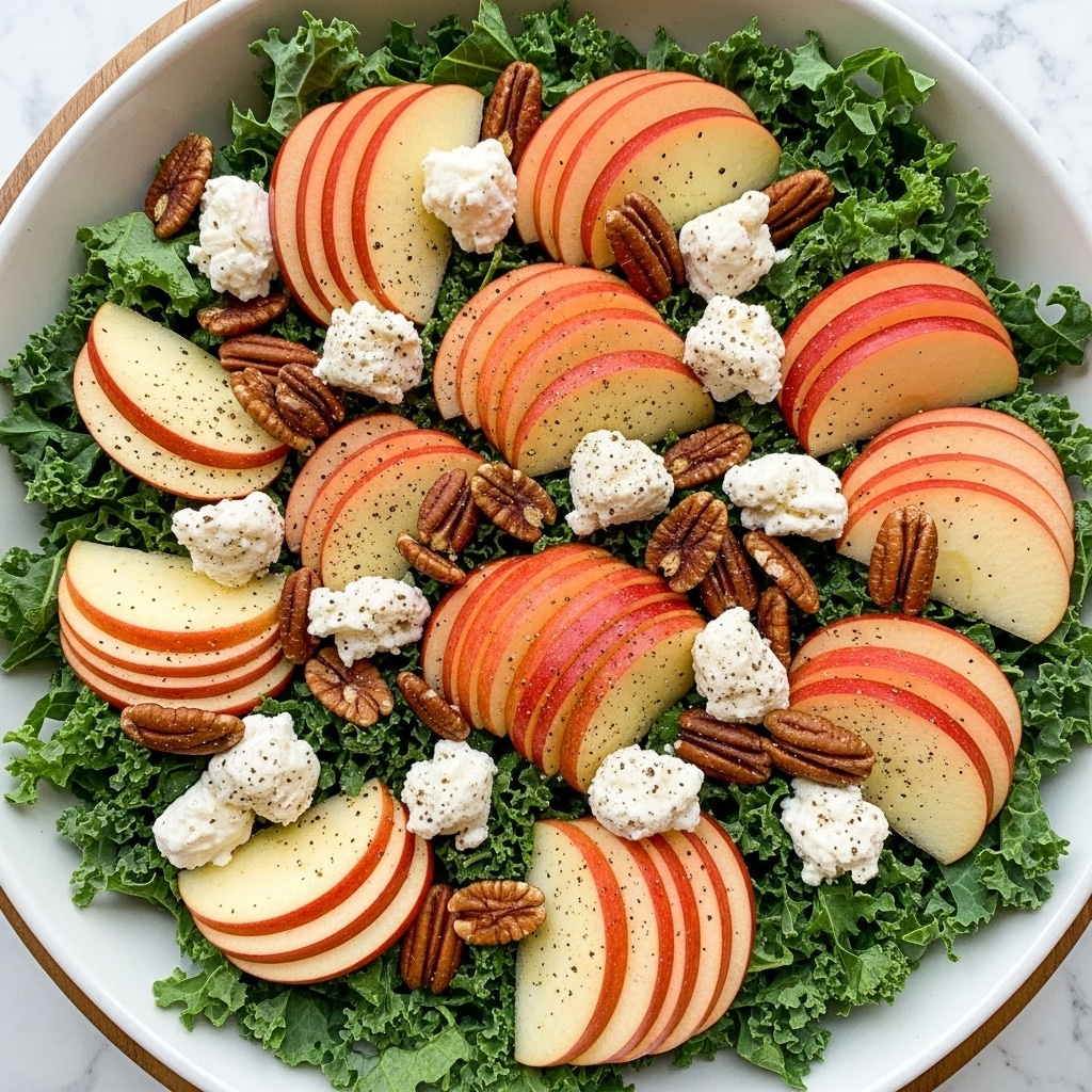 A large bowl filled with a fresh salad made of a bottom layer of chopped green kale with curly texture, topped by thin slices of red and yellow apples arranged all over. On top of the apple slices, there are scattered chunks of white creamy cheese and whole toasted pecans with rich brown color. The salad is sprinkled lightly with cracked black pepper, adding small black specks over the ingredients. The bowl is placed on a wooden surface but imagined on a white marbled texture. Photo taken with an iphone --ar 4:5 --v 7
