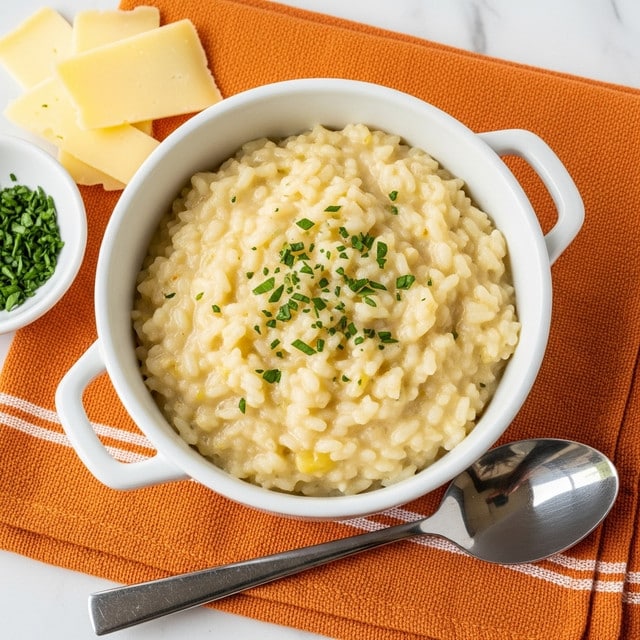 A white round bowl with two small handles holds creamy risotto. The risotto is light yellow with a soft, thick texture and small green herb pieces scattered on top. The bowl sits on an orange textured cloth with white stripes, placed on a white marbled surface. Next to the bowl is a shiny silver spoon and some thin slices of pale yellow cheese on the side. A small white dish with green herb sprinkles is also partially visible. photo taken with an iphone --ar 4:5 --v 7