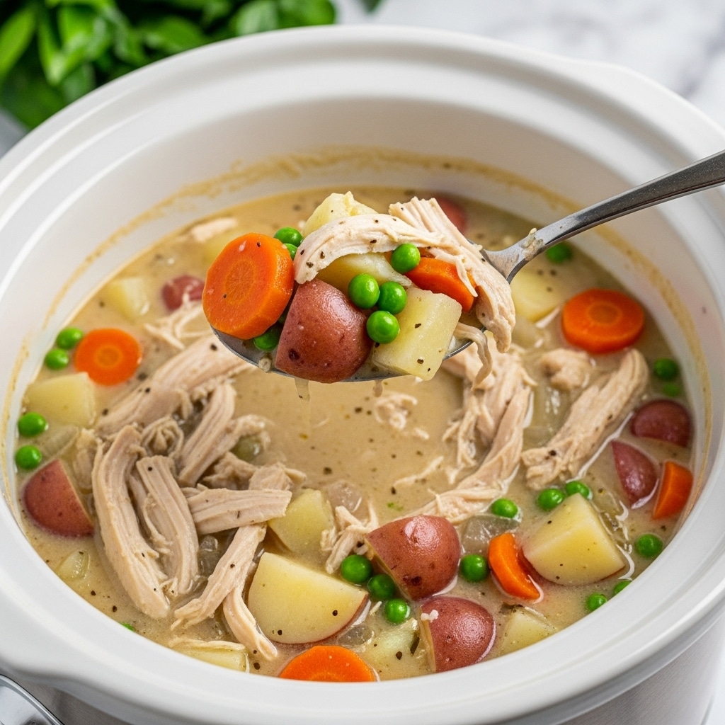 A close-up of a creamy chicken stew inside a white slow cooker, showing a thick, pale beige broth full of large pieces of shredded white chicken, bright orange carrot slices, vibrant green peas, red-skinned potato chunks with white insides, and small bits of white potato. A silver spoon holds a scoop of the stew above the pot, displaying all the colorful ingredients clearly. The slow cooker sits on a neutral white marbled surface with a blurred patch of green leaves in the background. photo taken with an iphone --ar 4:5 --v 7