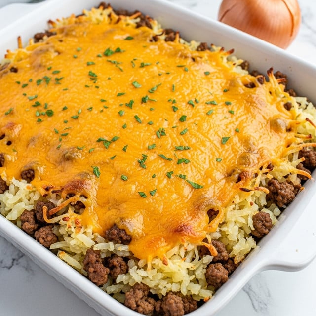The image shows a baked casserole in a white rectangular dish placed on a white marbled surface. The dish has about two visible layers: the bottom layer is made of lightly browned cooked ground meat mixed with shredded white potatoes, and the top layer is melted golden orange cheddar cheese sprinkled with small green parsley bits. The edges of the cheese are slightly browned and bubbly, giving a textured appearance. An onion is visible near the top left corner of the dish, and a folded white cloth with blue stripes is seen at the upper right side. photo taken with an iphone --ar 4:5 --v 7