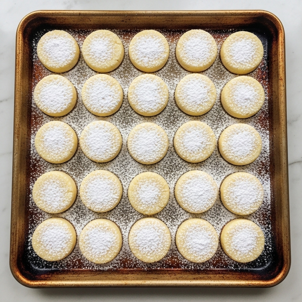 The image shows a baking sheet filled with 30 round cookies arranged in a 6 by 5 grid. Each cookie is light golden brown, slightly rough in texture, and generously covered with a dusting of white powdered sugar, creating a soft, powdery top layer. The powdered sugar spreads slightly onto the edges of the baking sheet, giving a snowy effect all over the surface. The baking sheet has a browned, rustic look with slight darkened spots around the edges. The whole setup rests on a white marbled surface. photo taken with an iphone --ar 4:5 --v 7