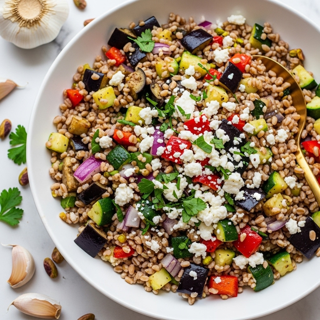A close-up top view of a white bowl filled with a colorful grain salad, showing about three main layers: the base layer is light brown barley grains mixed evenly with cream chickpeas; the middle layer is made of small diced vegetables including green zucchini, red bell peppers, and purple eggplant chunks; scattered thin slices of red onion add purple and white streaks throughout; fresh green herbs are finely chopped and mixed evenly, giving a fresh touch. The bowl sits on a white marbled surface with halved yellow lemons and cloves of garlic nearby; some pistachio nuts are seen to the upper left and a gold spoon is positioned at the top right. photo taken with an iphone --ar 4:5 --v 7