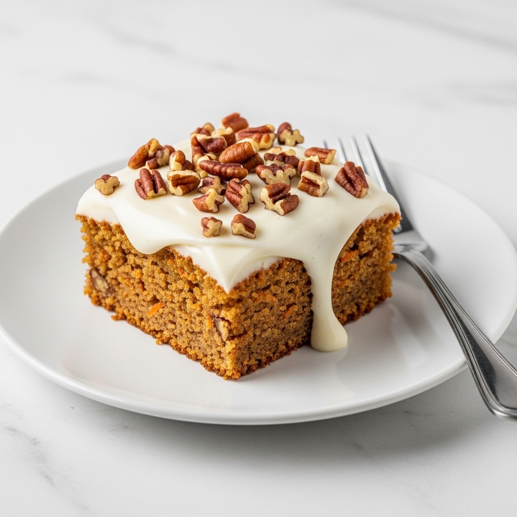 A single square piece of moist carrot cake with a rough light brown texture sits on a white plate, topped with a smooth white cream cheese frosting layer that slightly drips down the sides. On top of the frosting, there are chopped pecans that are light and dark brown, adding a crunchy texture. Next to the cake on the plate is a silver fork with a shiny surface resting flat. The whole scene is set on a white marbled textured surface. photo taken with an iphone --ar 4:5 --v 7