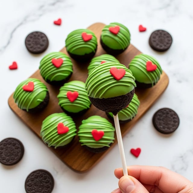 The image shows round cake pops with three visible layers: the inner part is a dark brown Oreo cookie, covered by a smooth, bright green coating that looks creamy, and the top layer has thin, uneven drizzle lines of the same green color. Each cake pop is placed on a white stick and decorated with a small red heart shape on the green surface. The cake pops are laid on a wooden board, with a few whole Oreo cookies and extra small red hearts scattered around in the background. A woman's hand is holding one cake pop gently near the bottom of the white stick. The surface beneath the board is a white marbled texture. photo taken with an iphone --ar 4:5 --v 7
