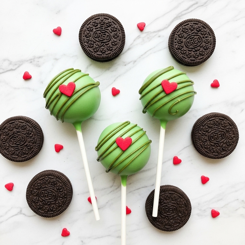 The image shows three round cake pops covered in smooth, light green chocolate, each with a white stick at the bottom. Each cake pop has thin darker green lines drizzled on top in a zigzag pattern and a small red heart decoration placed near the top center. Around the cake pops are whole Oreo cookies with their classic dark brown color and embossed design. Small red heart-shaped sprinkles are scattered on the white marbled surface, adding a playful touch to the arrangement. photo taken with an iphone --ar 4:5 --v 7