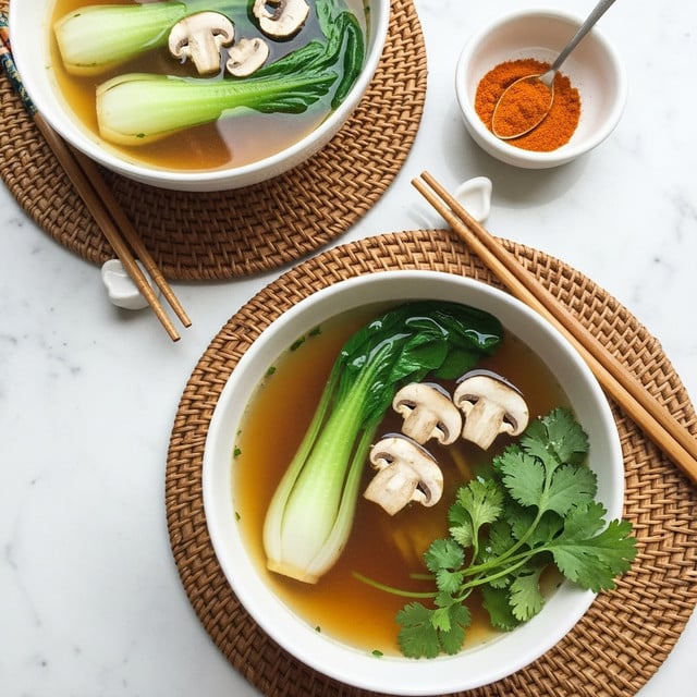 The image shows two white bowls of clear soup placed on round woven mats over a white marbled surface. Each bowl has a broth with a warm golden-yellow color. Inside the soup, there are three light brown, sliced mushrooms floating near the surface. A green leafy vegetable with a white base is placed diagonally inside each bowl. Bright green cilantro leaves are placed on the right side of the front bowl. Near the bowls, there are two pairs of wooden chopsticks resting on the mats. Additionally, a small white bowl with orange powder and a small spoon is positioned in the upper right corner. Photo taken with an iphone --ar 4:5 --v 7